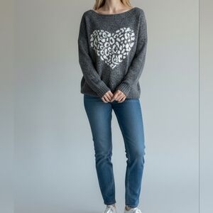 Express xs Gray and White Crew Neck Sweater with Leopard Heart